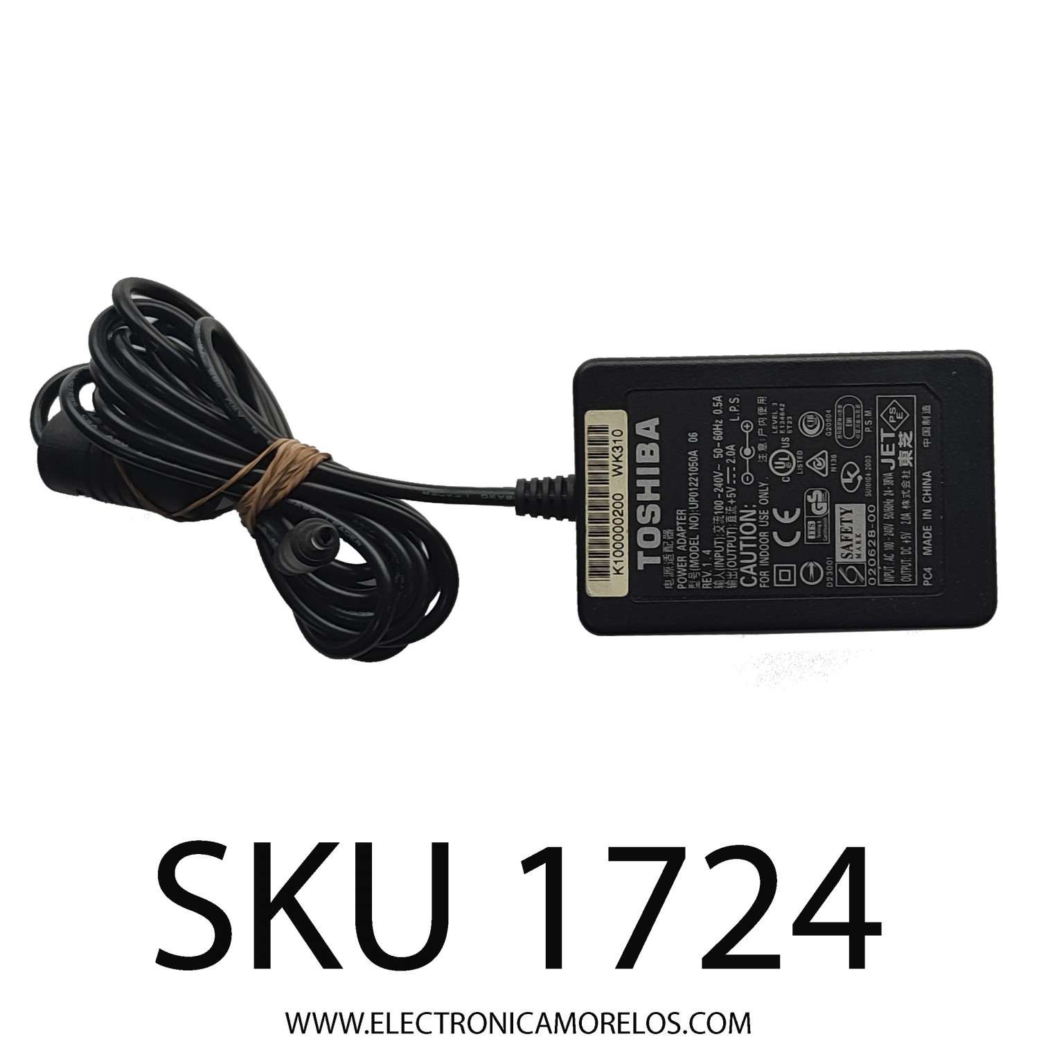 ADAPTADOR AC/DC TOSHIBA / NUMERO DE PARTE UP01221050A / 020628-00 / INPUT: AC 100-240V 50/60HZ 24-38VA / OUTPUT: DC 5V 2.0A 	